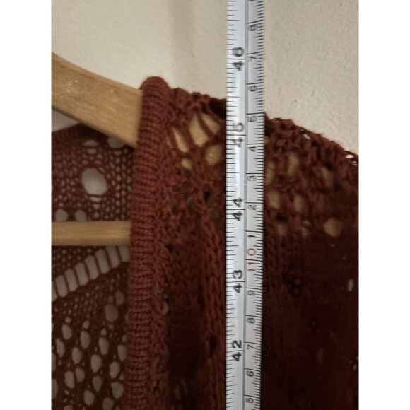 Charlotte Russ Long Burgandy Crochet Knitted Sweater Long Duster Open Front S - Picture 8 of 9